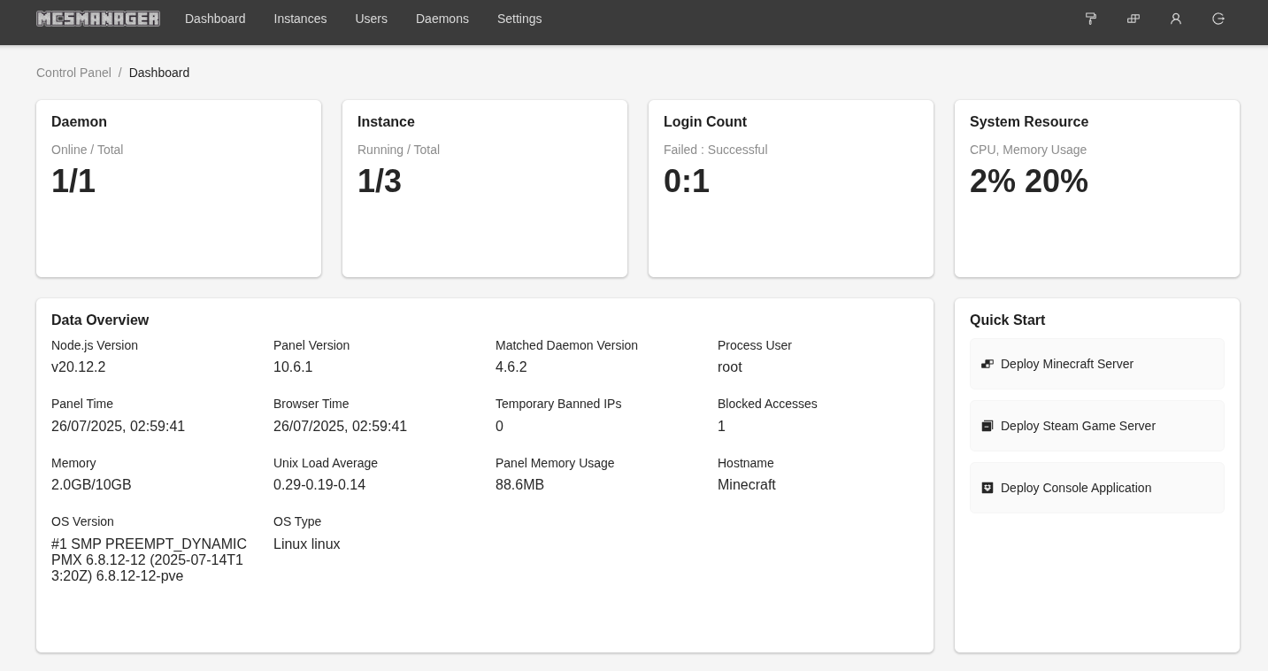 MCSManager dashboard for Minecraft Server Proxmox