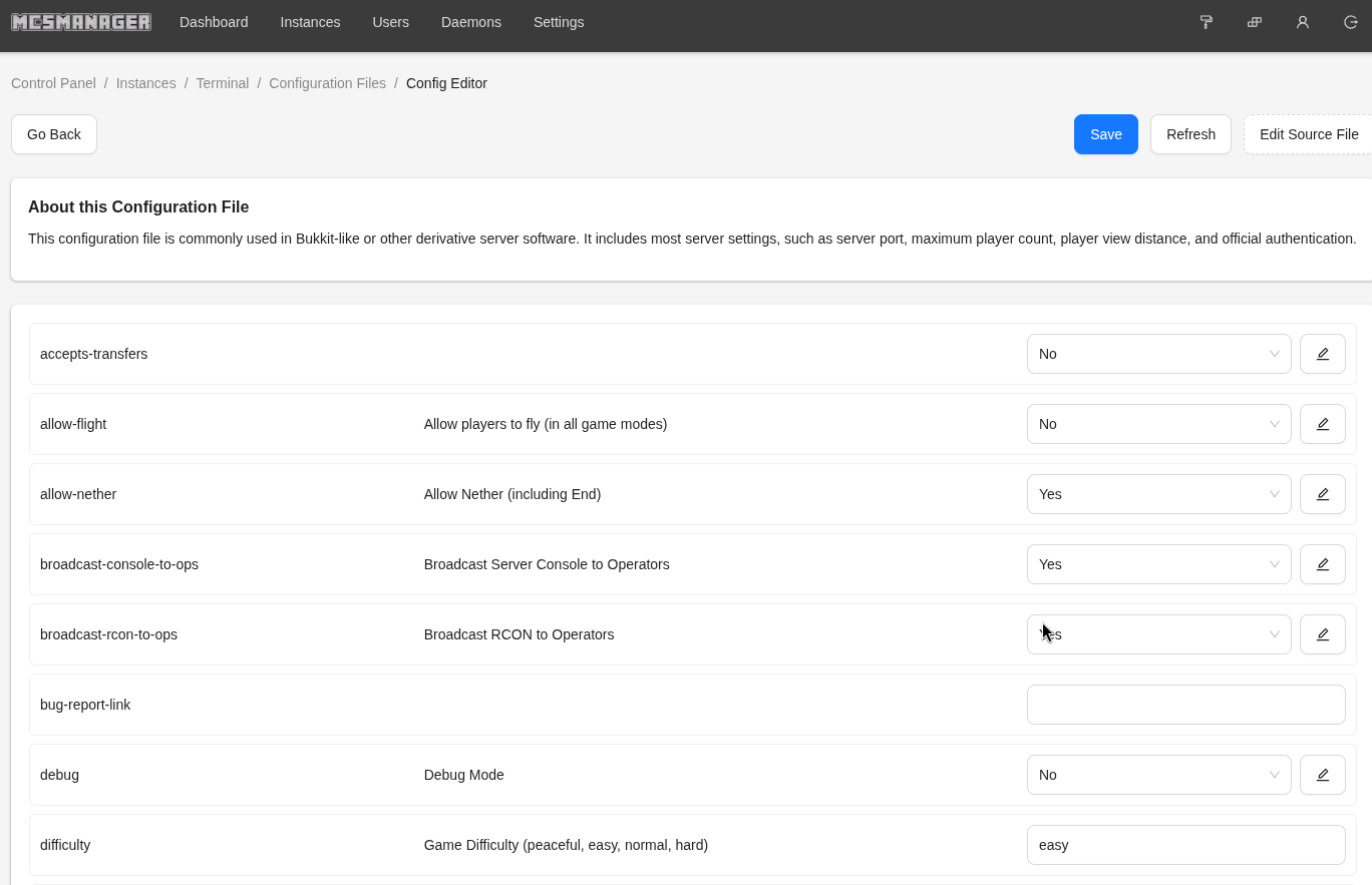 MCSManager Server properties screen