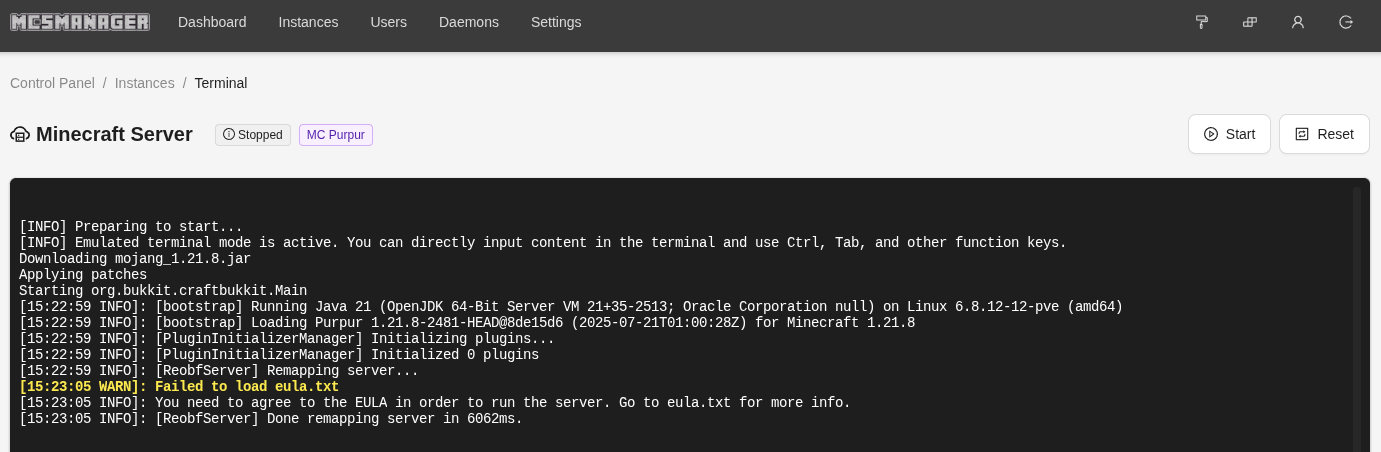 MCSManger showing failed start eula