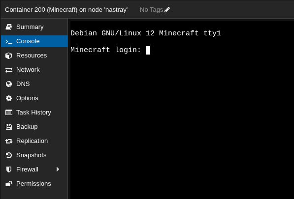 Console screen of LXC on proxmox WebUI