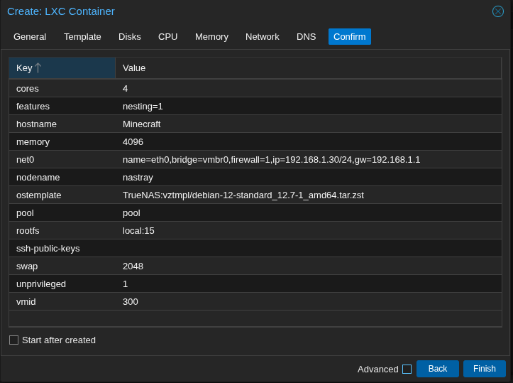 LXC creation form for Minecraft Server on Proxmox