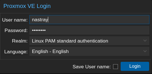 Proxmox login screen for Minecraft Server Proxmox setup